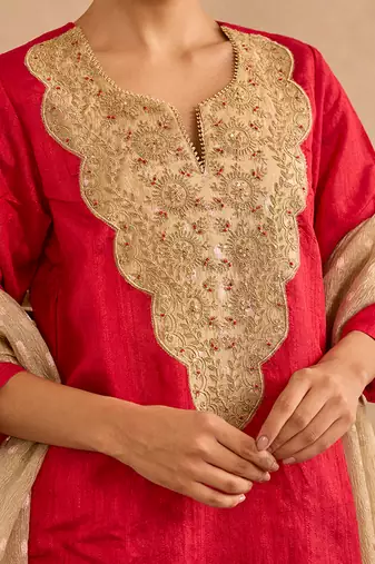 Red embroidered raw silk kurta set