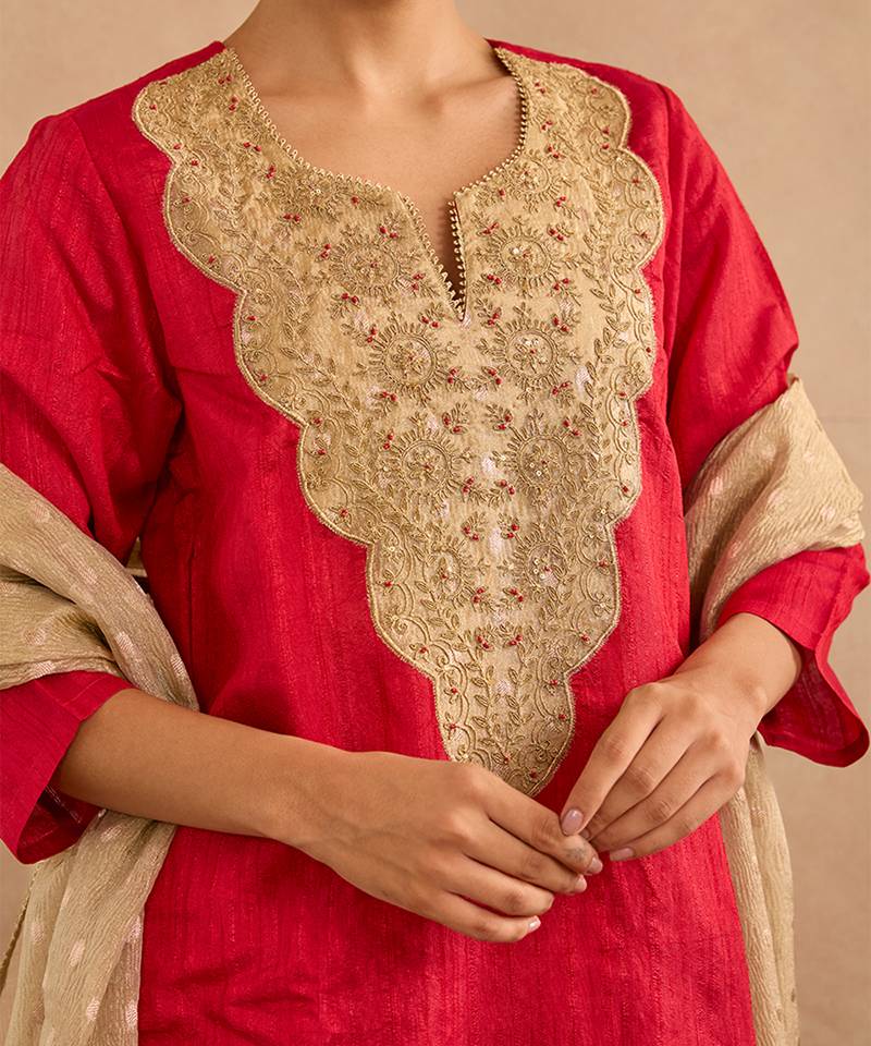 Red embroidered raw silk kurta set