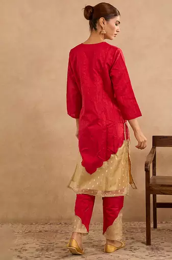 Red embroidered raw silk kurta set
