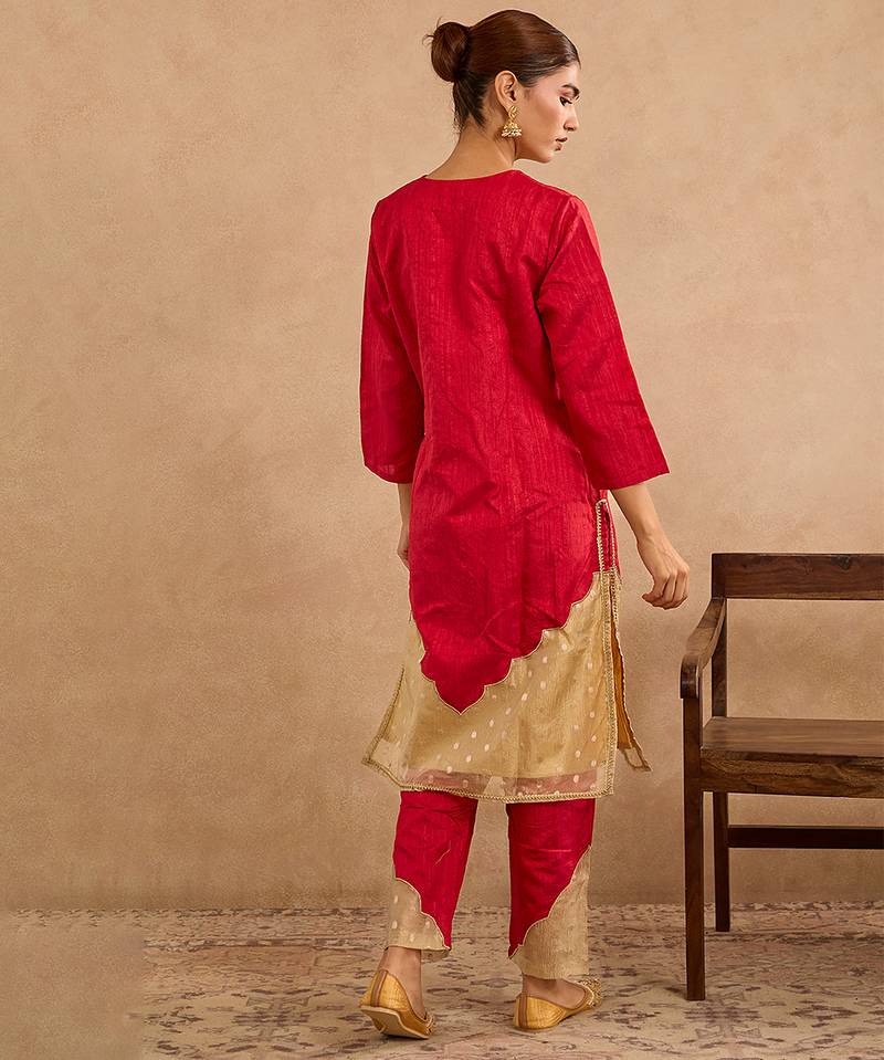 Red embroidered raw silk kurta set