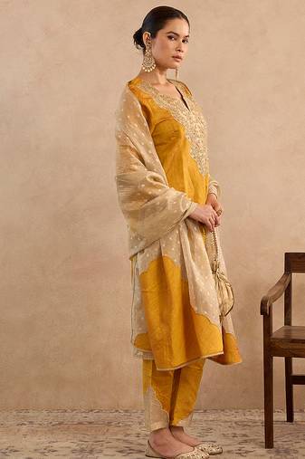 Yellow embroidered raw silk kurta set