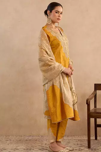 Yellow embroidered raw silk kurta set