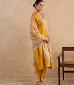 Yellow embroidered raw silk kurta set