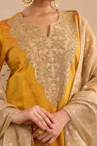 Yellow embroidered raw silk kurta set