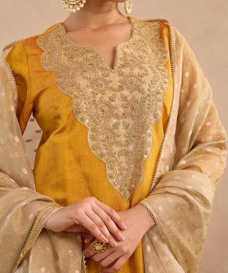 Yellow embroidered raw silk kurta set