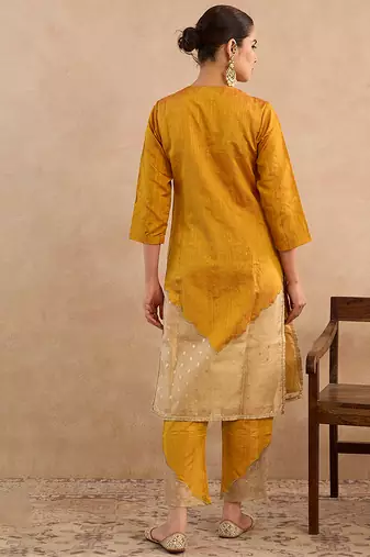 Yellow embroidered raw silk kurta set
