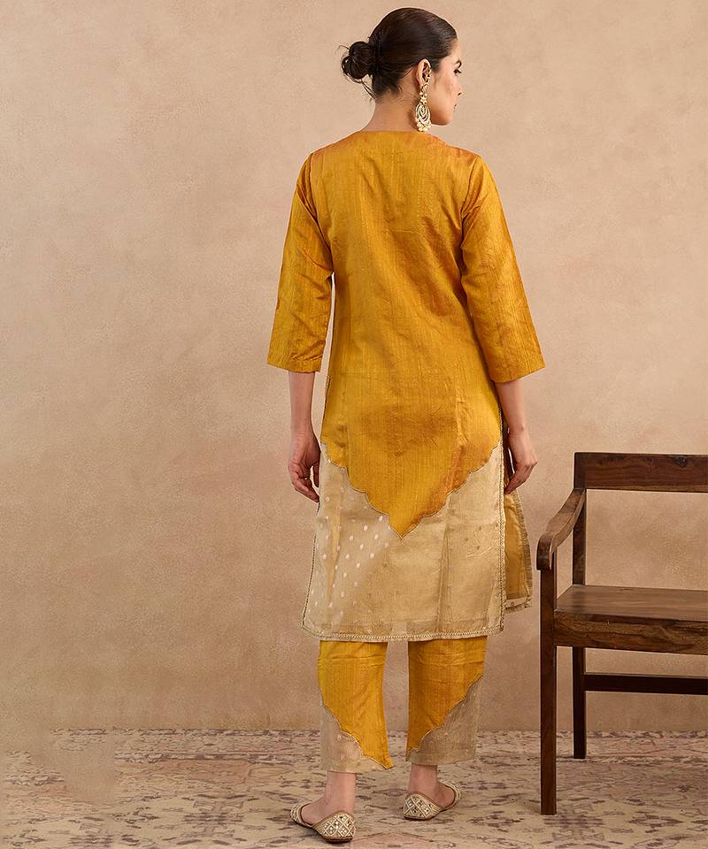 Yellow embroidered raw silk kurta set