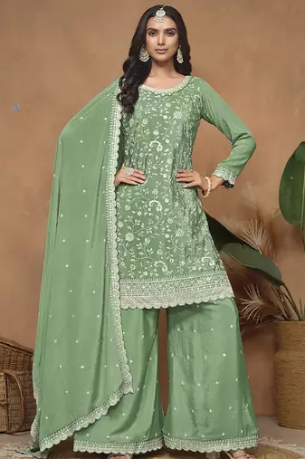 Light Green Chinon Silk Embroidered Palazzo Suit