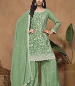 Light Green Chinon Silk Embroidered Palazzo Suit