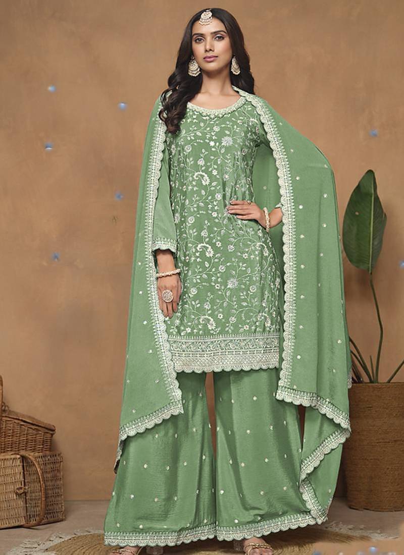 Light Green Chinon Silk Embroidered Palazzo Suit