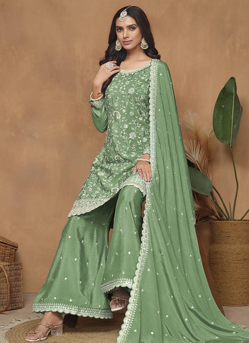 Light Green Chinon Silk Embroidered Palazzo Suit