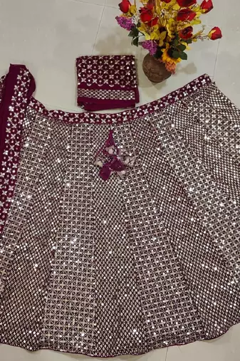 Wine Zari and Sequin Embroidered Faux Georgette Indian Party Wear Lehenga Choli