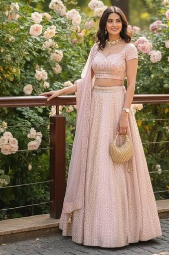 Baby Pink 9mm Sequin and Zari Embroidered Faux Georgette Indian Wedding Lehenga Choli