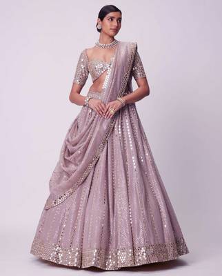 Ash Pink 3mm Sequin and Paper Foil Mirror Embroidered Semi Viscose Organza Indian Wedding Lehenga Choli 1
