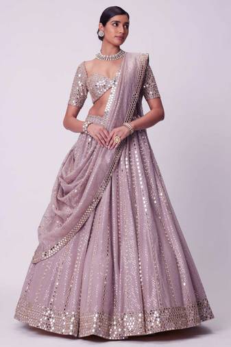 Ash Pink 3mm Sequin and Paper Foil Mirror Embroidered Semi Viscose Organza Indian Wedding Lehenga Choli