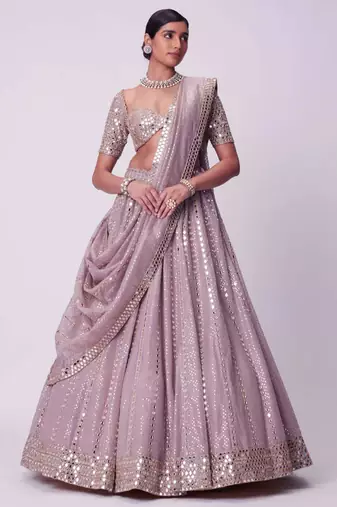 Ash Pink 3mm Sequin and Paper Foil Mirror Embroidered Semi Viscose Organza Indian Wedding Lehenga Choli