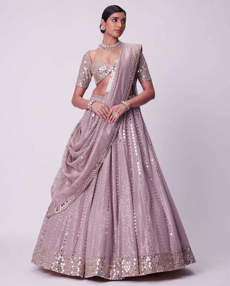Ash Pink 3mm Sequin and Paper Foil Mirror Embroidered Semi Viscose Organza Indian Wedding Lehenga Choli