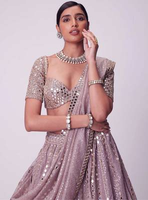 Ash Pink 3mm Sequin and Paper Foil Mirror Embroidered Semi Viscose Organza Indian Wedding Lehenga Choli 2