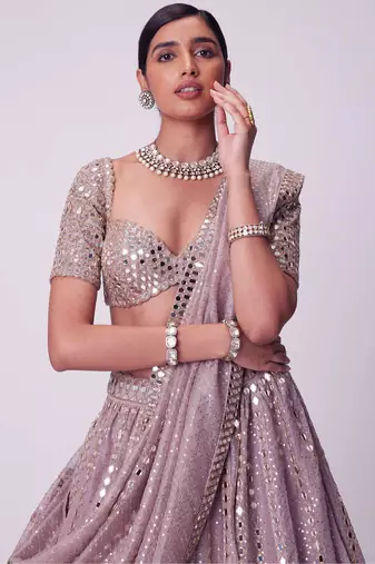 Ash Pink 3mm Sequin and Paper Foil Mirror Embroidered Semi Viscose Organza Indian Wedding Lehenga Choli