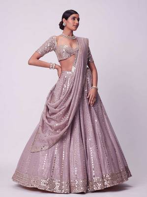 Ash Pink 3mm Sequin and Paper Foil Mirror Embroidered Semi Viscose Organza Indian Wedding Lehenga Choli 3