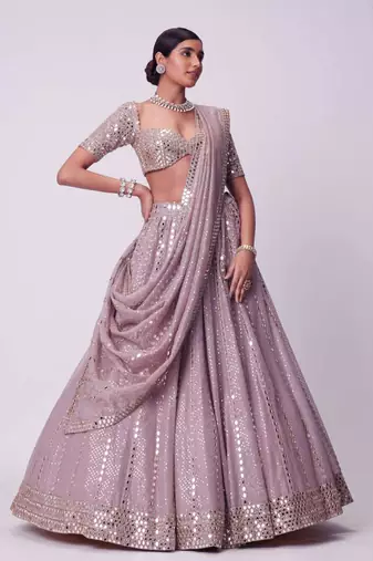 Ash Pink 3mm Sequin and Paper Foil Mirror Embroidered Semi Viscose Organza Indian Wedding Lehenga Choli