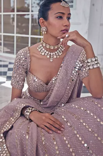 Ash Pink Sequin Embroidered Semi Viscose Organza Indian Party Wear Lehenga Choli