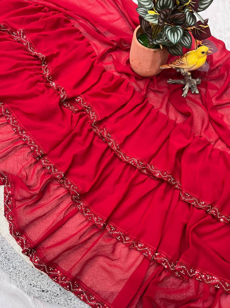 Beautiful Bollywood Designer Beads & Sequence work Ruffle Skirt & Pallu Pattern Saree with Stitched Blouse