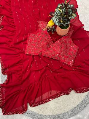 Beautiful Bollywood Designer Beads & Sequence work Ruffle Skirt & Pallu Pattern Saree with Stitched Blouse 6