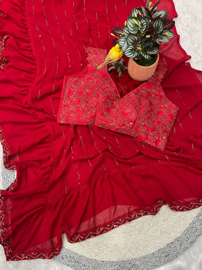 Beautiful Bollywood Designer Beads & Sequence work Ruffle Skirt & Pallu Pattern Saree with Stitched Blouse