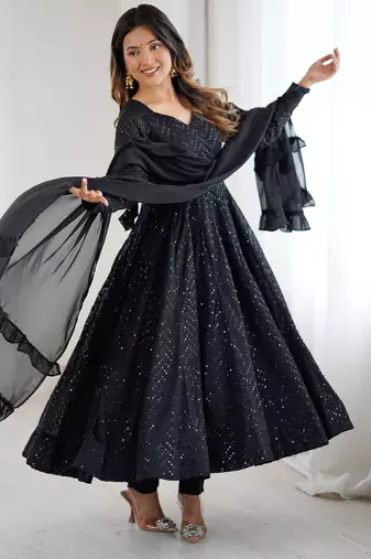 Designer black embroidered anarkali dress with ruffle dupatta ethnic wear for women