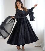 Designer black embroidered anarkali dress with ruffle dupatta ethnic wear for women