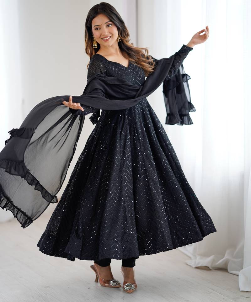 Designer black embroidered anarkali dress with ruffle dupatta ethnic wear for women