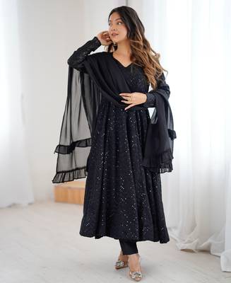 Designer black embroidered anarkali dress with ruffle dupatta ethnic wear for women 2