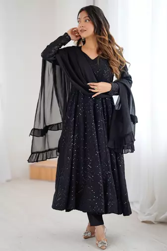 Designer black embroidered anarkali dress with ruffle dupatta ethnic wear for women