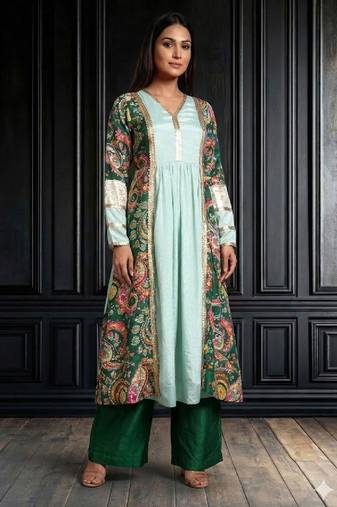 green printed long jacket kurta set with straight pants