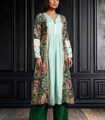 green printed long jacket kurta set with straight pants