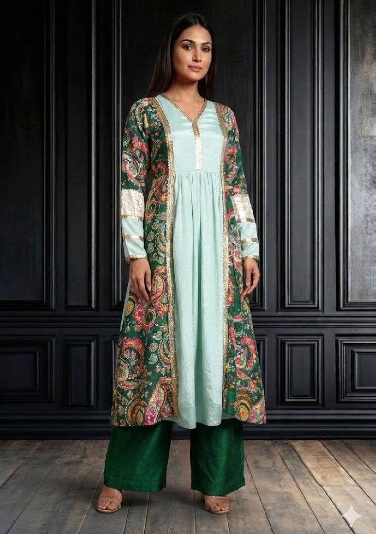 green printed long jacket kurta set with straight pants
