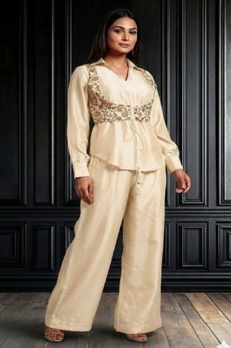 off white embroidered co-ord set with wide leg pants