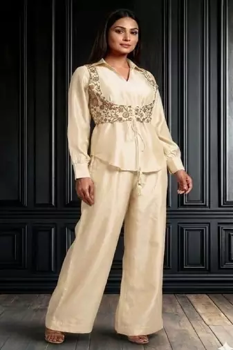 off white embroidered co-ord set with wide leg pants