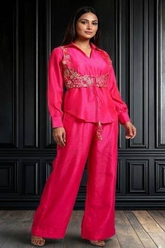 rani pink festive co-ord set with wide pants and embroidery
