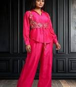 rani pink festive co-ord set with wide pants and embroidery