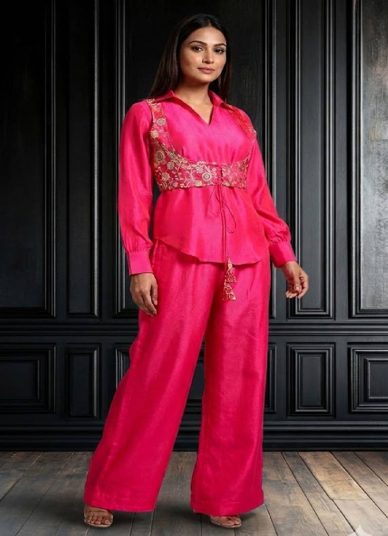 rani pink festive co-ord set with wide pants and embroidery
