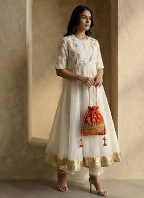 white art silk anarkali set with fitted bottoms 1