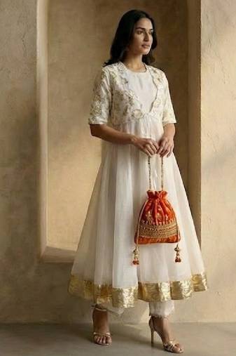 white art silk anarkali set with fitted bottoms
