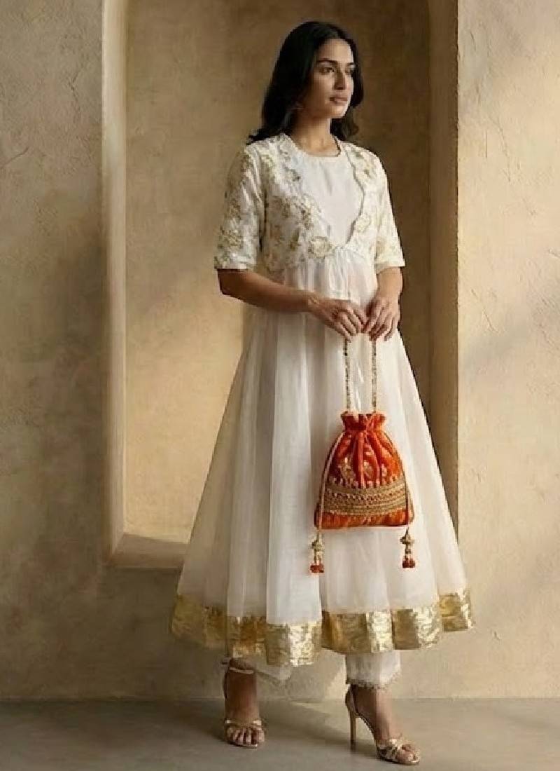 white art silk anarkali set with fitted bottoms
