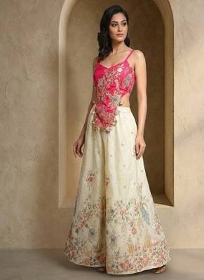 hot pink embroidered blouse with off-white palazzo 1