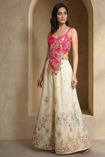 hot pink embroidered blouse with off-white palazzo