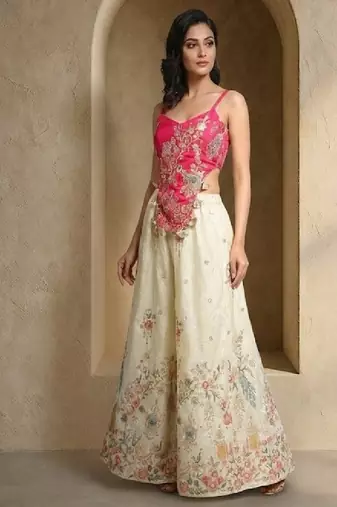 hot pink embroidered blouse with off-white palazzo