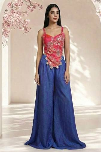 hot pink embroidered top with flowing palazzo pants set