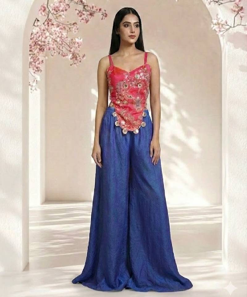 Contemporary embroidered top with palazzo pants